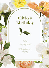 Floral decoration vector frame. Rose, peony, poppy wedding wreath. Exotic flowers, leaves invitation card. Watercolor style. 