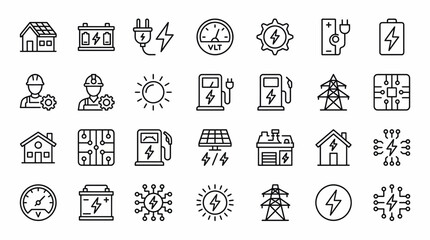 Outline icons for electrical power, solar energy, batteries, EV charging and engineering, concept for technology presentations, sustainability reports and infrastructure design