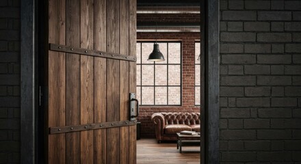 Rustic wooden door ajar, revealing a warm living space with brick walls & leather sofa