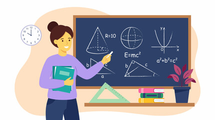 Female teacher pointing at math formulas on a blue chalkboard, holding textbooks, concept for educational resource design, academic syllabus and online course promotion