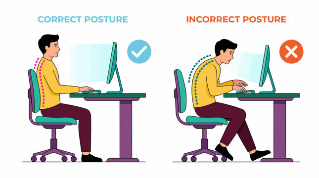 Vector graphic showing correct and incorrect ergonomic posture of a male office worker using a computer, concept for health education, corporate safety training and physical therapy promotion