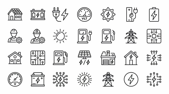 Outline icons for electrical power, solar energy, batteries, EV charging and engineering, concept for technology presentations, sustainability reports and infrastructure design
