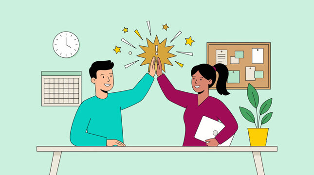 Two cheerful corporate professionals giving high five to celebrate success at the office desk with calendar and corkboard, concept for collaboration, achievement and business partnership