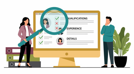 Female HR manager reviewing candidate qualifications on a large screen with a magnifying glass, concept for recruitment agency, talent acquisition and job placement
