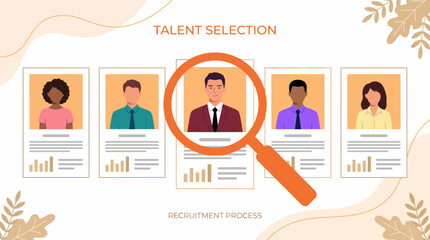 Illustration showing talent selection, diverse candidate profiles under a large magnifying glass, concept for human resources, job hiring and professional management