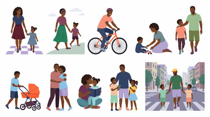 Flat vector illustrations of African American families bonding, including walking, cycling, reading and playing with children, concept for parenting blogs and educational materials