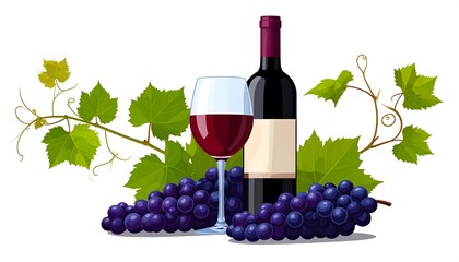 A bottle of red wine with a glass and grapes.