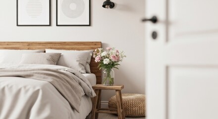 Serene bedroom with wooden bed, floral arrangement, minimalist art, and partially opened door