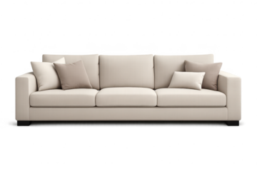 Elegant beige sofa with pillows on transparent background 3D render