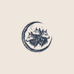 Obraz premium Vintage mystical wolf trio illustration with crescent moon, hand drawn ethereal canine engraving for occult and celestial design
