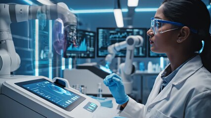 Scientist working with robotic arm in lab - Powered by Adobe