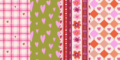 Vector set of seamless patterns, abstract hand-drawn  doodle backgrounds, love wallpapers, Valentine's day decorative cards with hearts and flowers