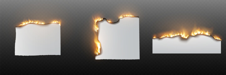 Paper with burning fire edge isolated on transparent background.