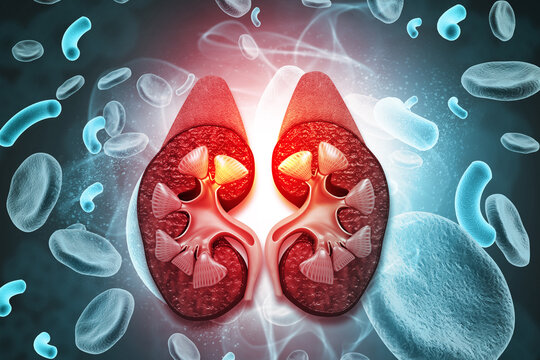 Cross-Sectional Anatomy of Human Kidneys on a Red Blood Cells Background. Conceptual 3D medical illustration of renal function, waste filtration, and blood supply.