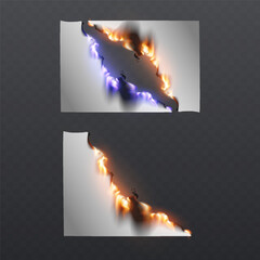 Abstract torn paper reveal with flame and lightning effect.