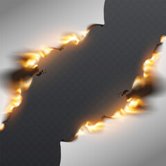 Torn paper frame with fire flames and burned edges