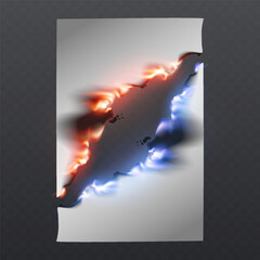 Burning hole in paper with glowing fire edges