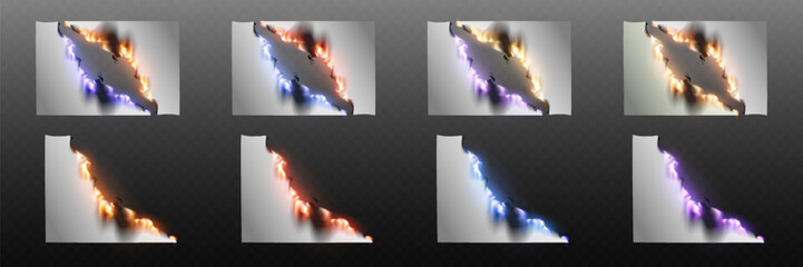 Abstract torn paper reveal with flame and lightning effect.