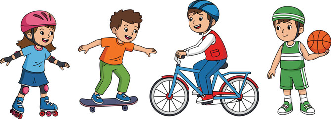 Kids playing sports illustration, children riding bicycle skateboard roller skating basketball, happy active kids, outdoor playtime, cartoon vector art © Mdmostakim