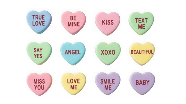 Colorful heart-shaped candies with sweet messages isolated on transparent background