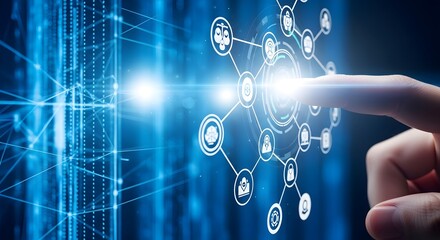 Digital justice and legal technology concept with hand touching network of law icons scales and courthouse