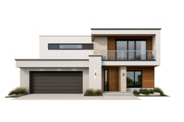 Modern two-story house with transparent background, contemporary design.