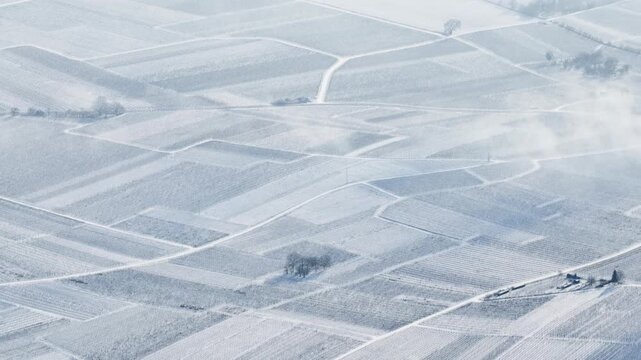 Aerial view of snow-covered fields creating a serene, patterned landscape, where the stark white contrasts with subtle textures, Orschwiller, Grand Est, France.