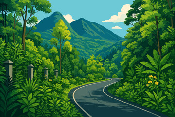 Tropical Forest Road Illustration Lush Green Nature Landscape