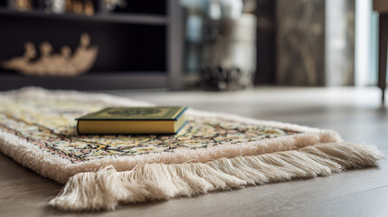 Ornate prayer rug with holy book.