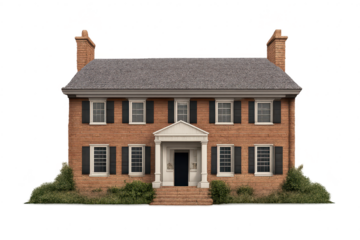 Brick Colonial house on a transparent background, two story classic