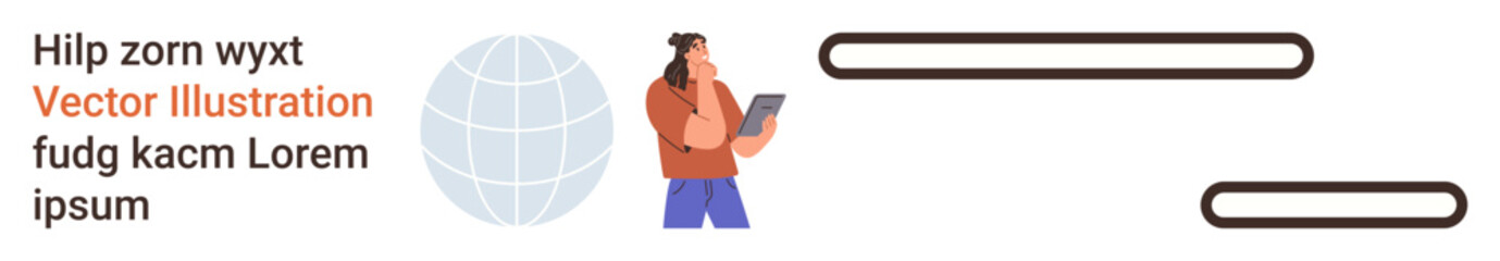 Obraz premium Global communication, technology, digital interaction, online connectivity, information sharing, modern devices. Person holding a tablet near globe icon with text placeholders. Global communication