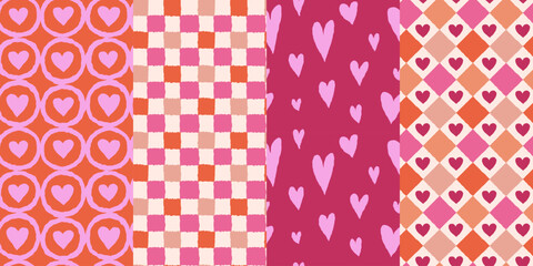 Vector set of seamless patterns, abstract hand-drawn sketchy style,  love and Valentine's day decorative wrapping paper with hearts and flowers
