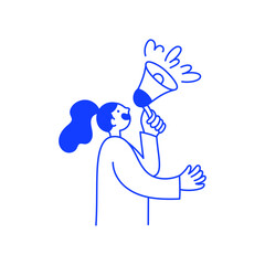 Vector illustration in simple linear hand drawn style, girl holding megaphone, advertising concept