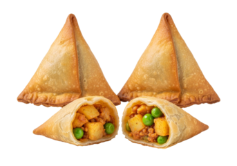golden samosa triangles with peas and potatoes, fried snack