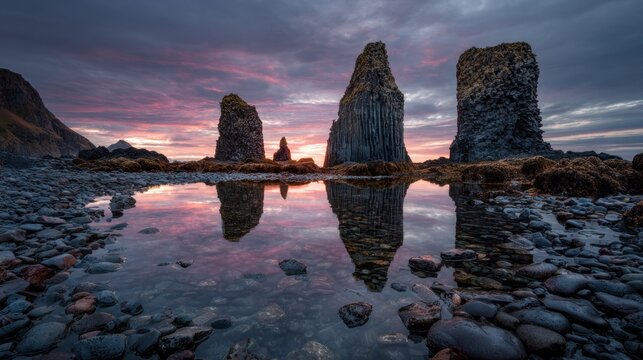 Coastal landscape featuring rock formations reflecting in calm water under a vibrant sunset - Powered by Adobe