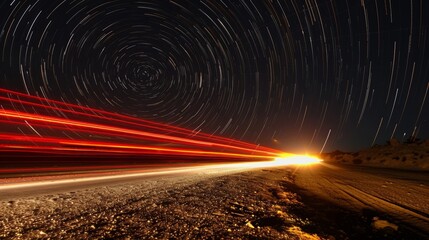 A magical atmosphere is created by the combination of ling stars above and the twisting car light trails below.