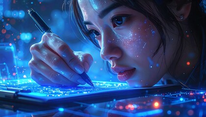 Young woman artist using digital pen on tablet with futuristic blue glowing interface.
