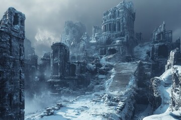 Majestic ancient ruins covered in snow under a dramatic cloudy sky in winter