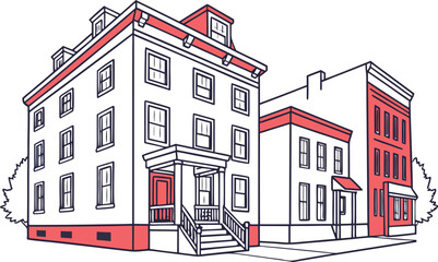 American Buildings And Architecture. Classic American Architecture Design. Modern American Buildings Illustration. United States Architecture Landmarks. American City Architecture Scene