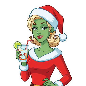 Green alien woman enjoying a festive drink isolated on transparent background