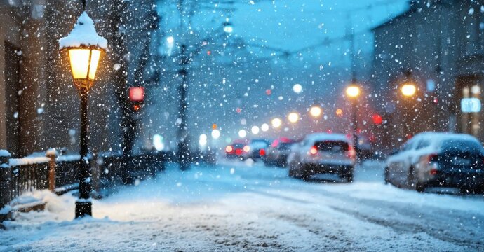 Snowy street scene. Lights illuminate falling snow, cars parked along road. Winter atmosphere, quiet city evening.