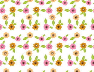 Seamless Spring Vector Pattern with Colorful Flowers on a White Background. Easter Floral  Background for Textiles, Wrapping Paper, and Seasonal Decor.