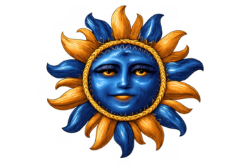 Blue sun god face artwork with golden rays, mystical celestial character, mythology drawing, solar symbol on transparent background