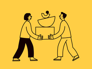 Vector illustration in simple doodle linear hand drawn style, business concept, people holding abstract shapes, making design project