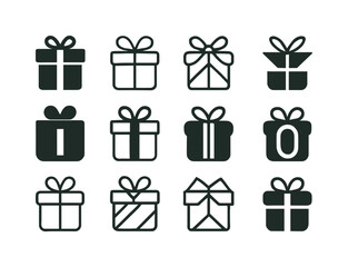 Holiday Invitation Icons. Holiday-themed invitation designs. Icon set. Set Logo of holiday-themed invitation designs: wrapped gift box. harmonious logo