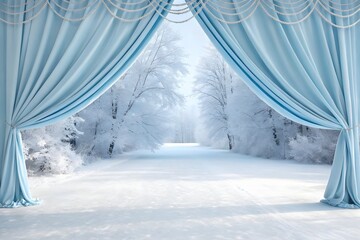 Winter Wonderland Stage with Light Blue Curtains and Snowy Forest Backdrop