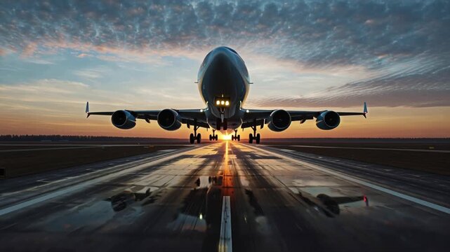 Hyper-speed airport runway time-lapse, airplane taxiing and taking off, golden sunrise to neon night lights, moving clouds, reflections on wet tarmac, cinematic lens flare, ultra HD, 4K, smooth video