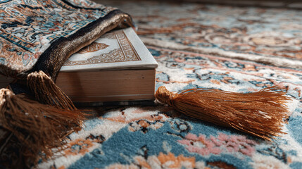 Holy book resting on a prayer rug.