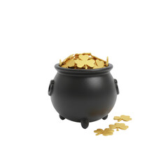 Black leprechaun pot filled with golden shamrock-shaped coins for St. Patrick's Day, isolated on transparent or white background, png