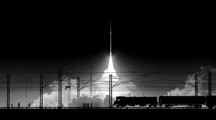 A black and white photo of a rocket launching into the sky